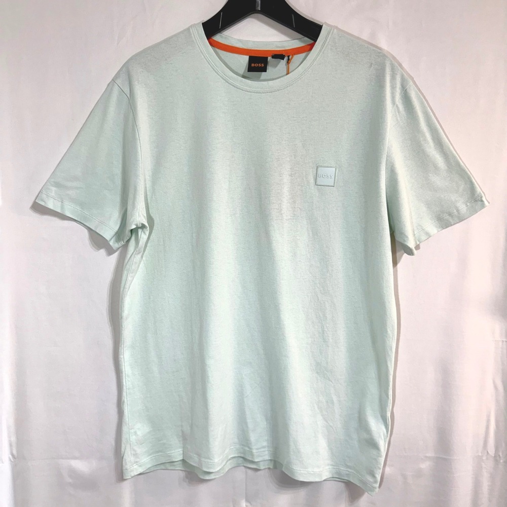 NWT BOSS Hugo Boss Tales Logo Patch T-Shirt L Open Blue 100% Cotton Crew Neck
